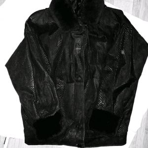 Leather bomber style jacket with lambswool trim